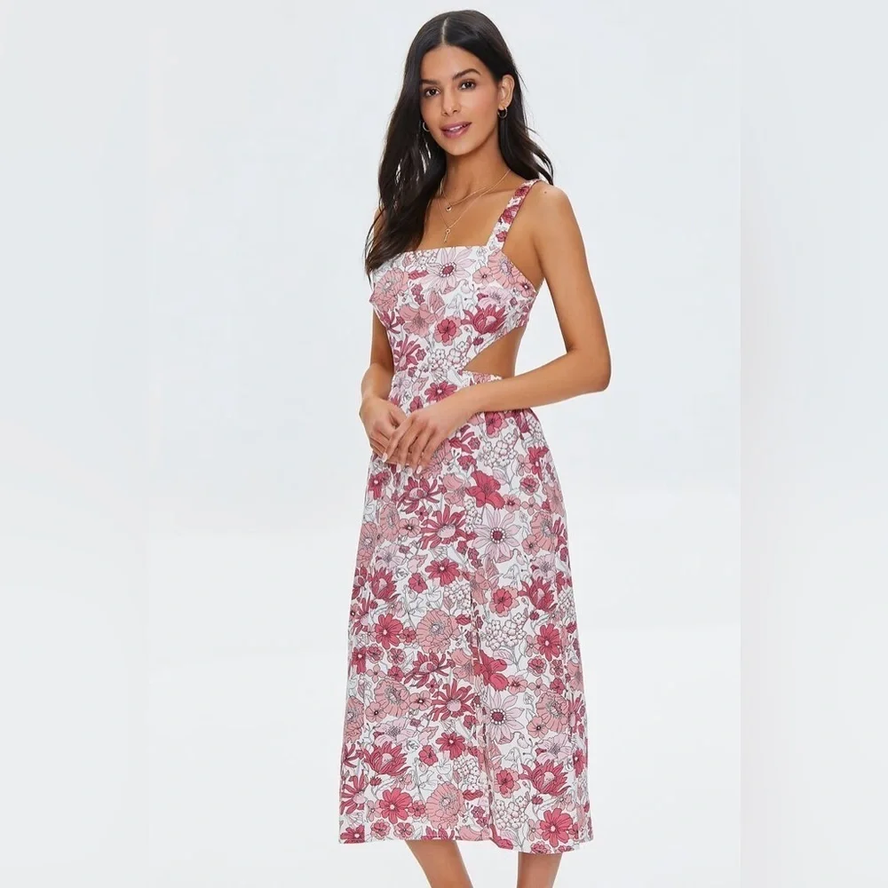 Forever 21 Floral Print Cutout Midi Dress - Picture 1 of 9